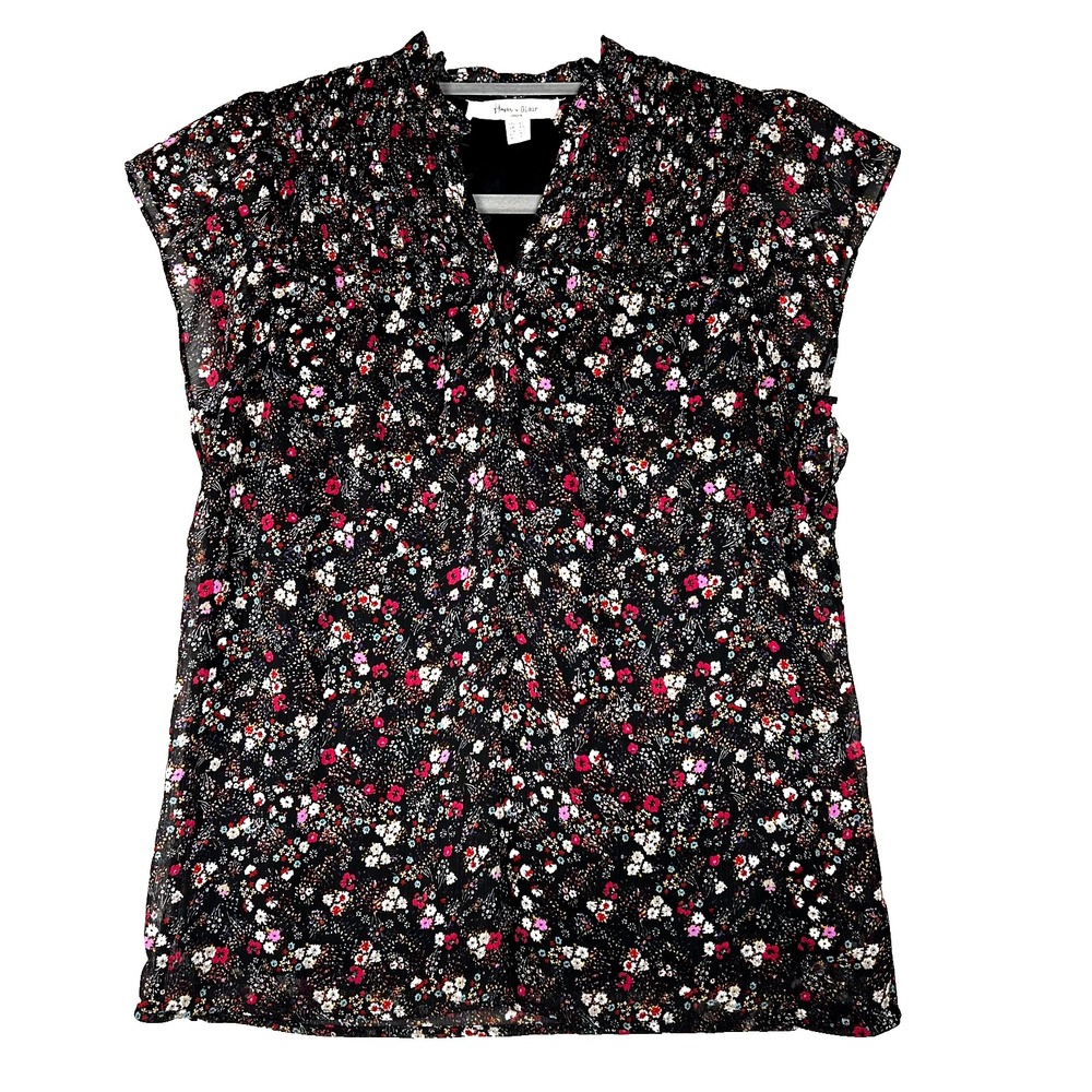 HAVER & BLAIR Top SZ XS Black Floral Flutter Sleeve Semi-Sheer Lined Cottagecore